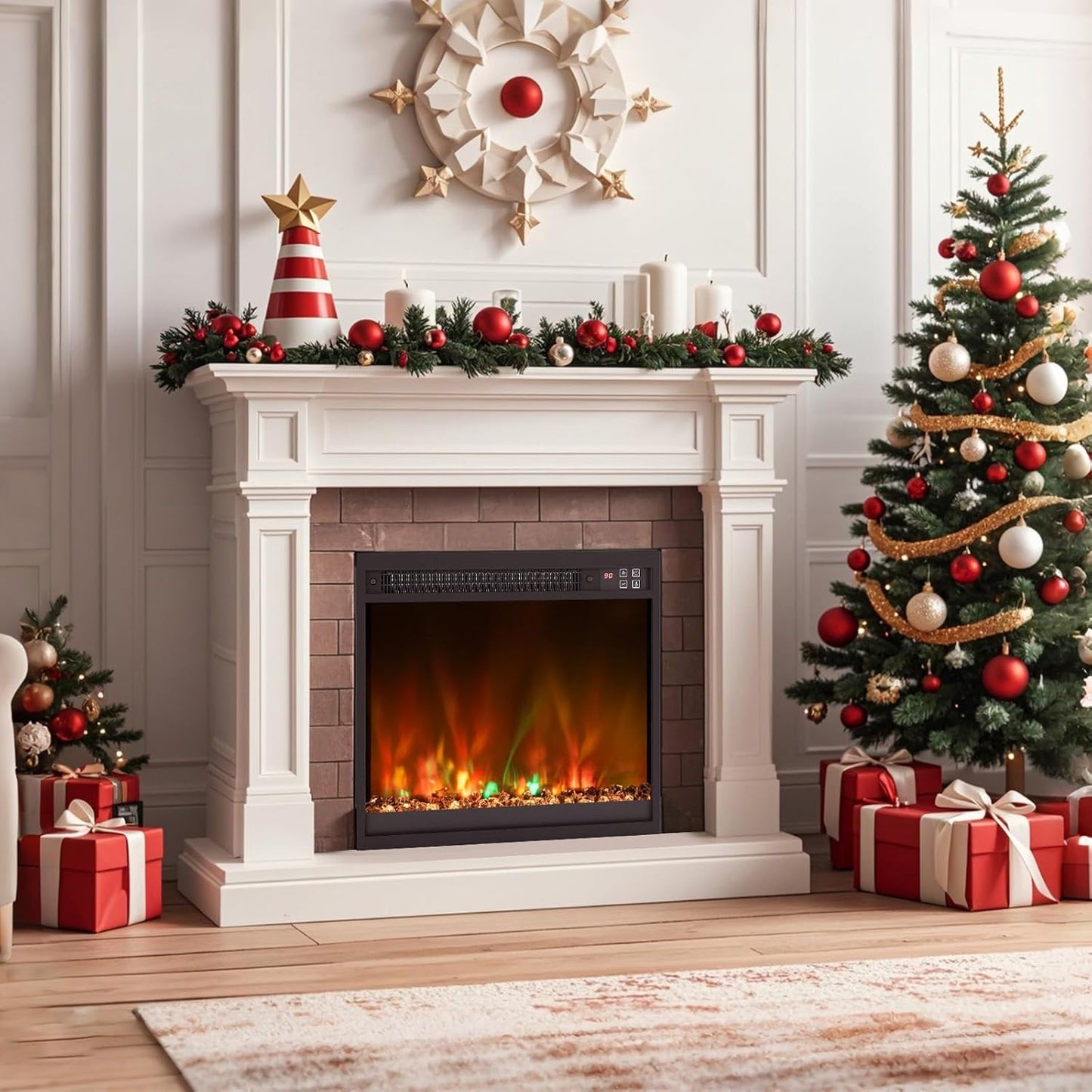 COSTWAY Electric Fireplace with Heating 1500 W, Electric Wall Fireplace with Remote Control, Overheating Protection, 5H Timer, Adjustable 3D Flame Effect and Brightness, 5000BTU Built-in Fireplace