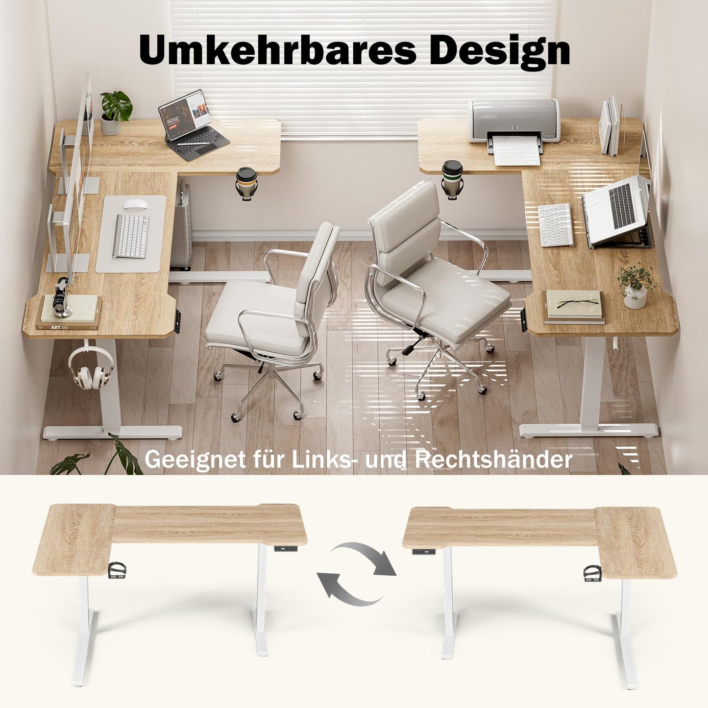 Acrolix Height-Adjustable Desk L Shape, 150 x 100 cm, Electric Corner Desk, Height Adjustable 72-118 cm, with Drink Holders and Hooks, Sturdy Scaffolding Corner Desk, Brown