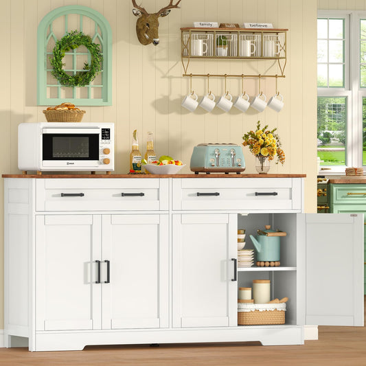 TEENFON 140 cm (W) Sideboard, 80 cm (H) Kitchen Cabinet with Worktop, Buffet Cabinet with 2 Drawers & Adjustable Shelves, Kitchen Unit for Kitchen, Living Room & Hallway - 140 x 40 x 80 cm - White