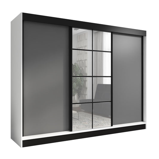 A&J MöbelLand Oravelle Sliding Door Wardrobe 3 Doors with Drawers and Mirror 200 cm (Black)