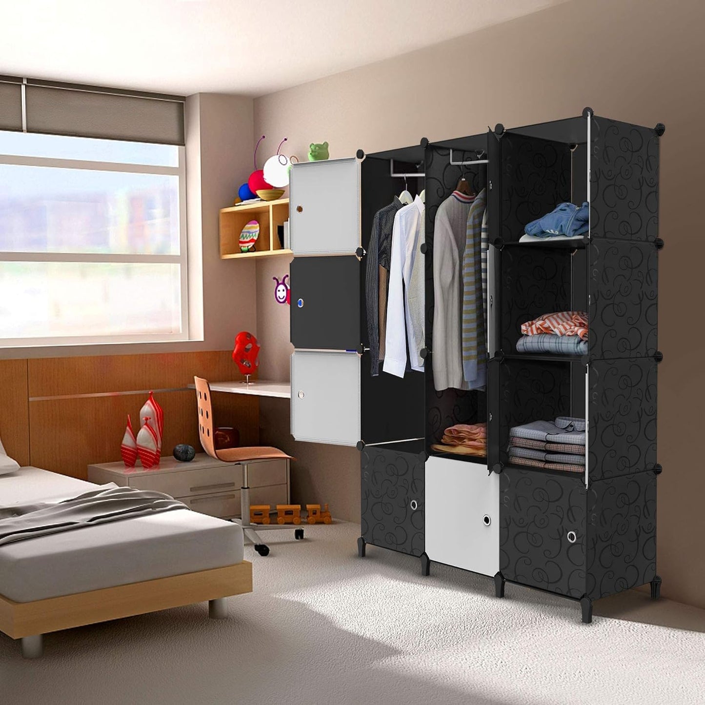 HOMIDEC Wardrobe, Portable Shelf System, 20 Cube Plastic Cabinet with 2 Clothes Rails, Bedroom Wardrobe, White for Bedroom, 180 x 142 x 45 cm
