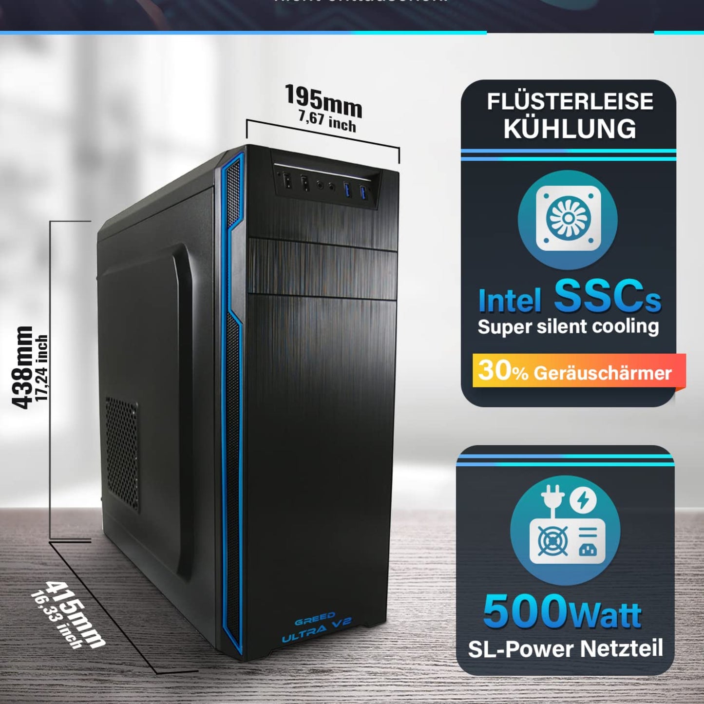 Greed® Ultra V2 PC mit Intel Core i7 12700F - Schneller Rechner - Computer für Büro & Home Office mit 4,8 GHZ - 32GB RAM/Arbeitsspeicher - 1TB SSD + 1TB HDD - DVD+RW - USB 3.1 - WLAN, inkl Win 11 Pro