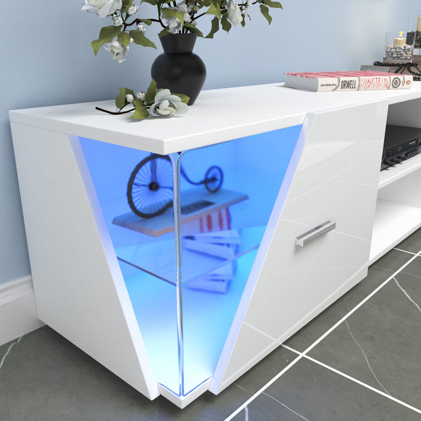Dripex TV Lowboard White High Gloss with LED Lighting Cabinet TV Table TV Display Cabinet 150 x 37 x 35 cm