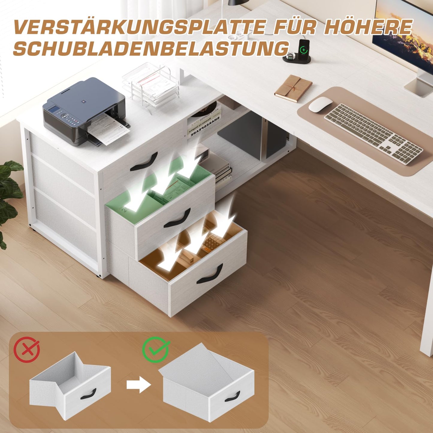 Desk l Shape with 3 Drawers & Storage Space, 140 x 105 x 75 cm Reversible Corner Desk, L-Shaped Desk with 2 USB Charging Ports and 2 Sockets, White