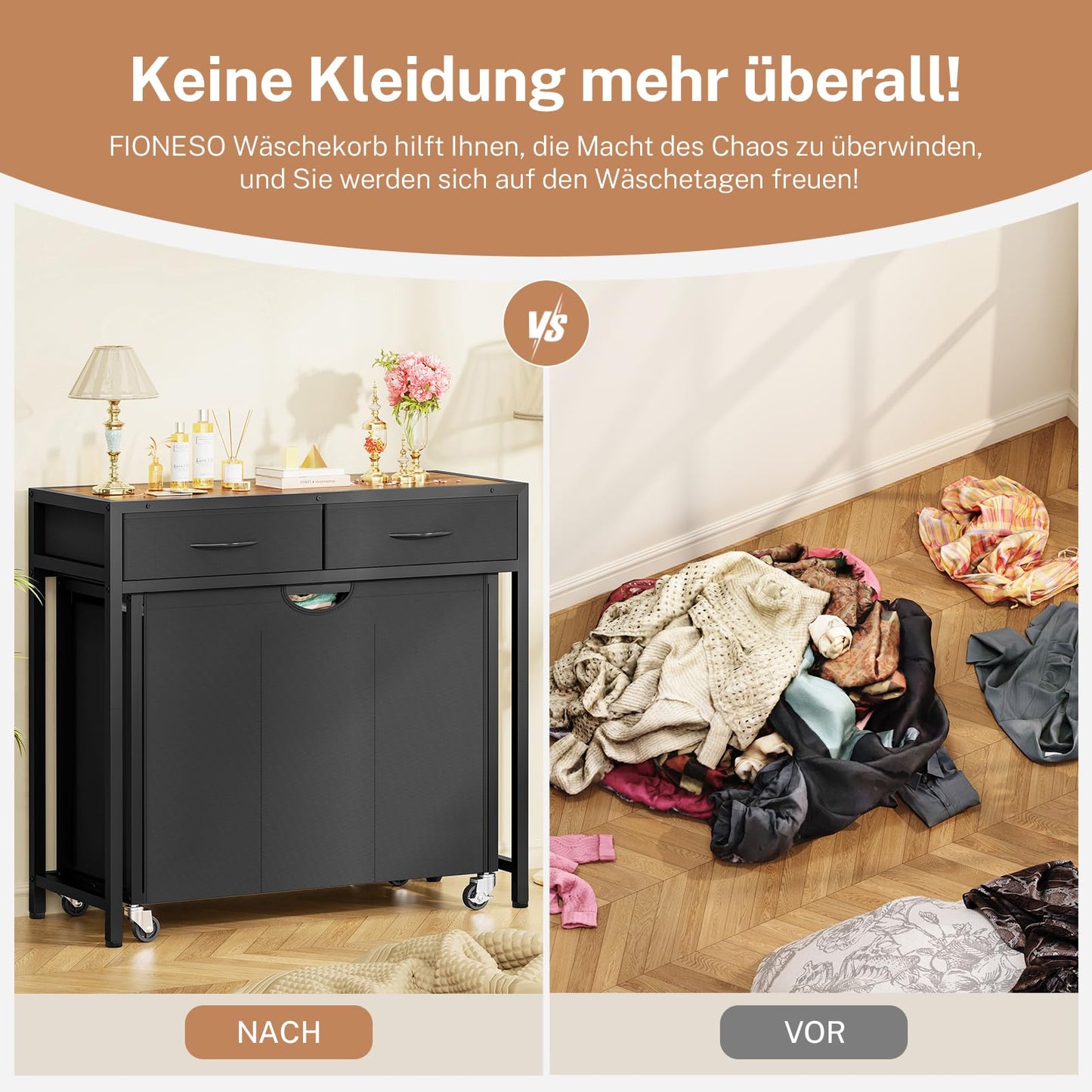 FIONESO Laundry Basket 3 Compartments, 120 L Laundry Hamper with 2 Drawers, Laundry Basket with Wheels & Two-Tone Top Plate, Laundry Trolley for Laundry Room, Bathroom, Entrance Area - 80 x 32 x 76.5