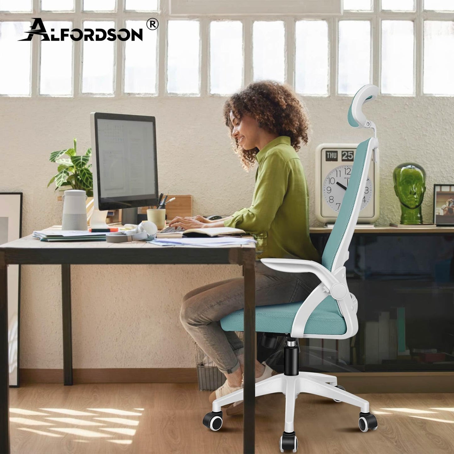 ALFORDSON Ergonomic Office Desk Chair, Computer Chair with Dynamic Lumbar Support, Tilting Swivel Chair with Flip Up Armrest, Black