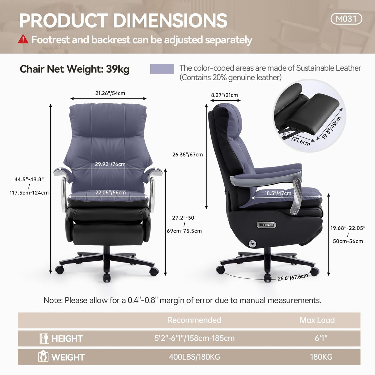 EMIAH Chefsessel mit Massage Bürostuhl mit Fußstütze Ergonomischer Elektrischer Breiter Computerstuhl Groß und hoch Schreibtischstuhl Zero Gravity Swivel Recliner Chair für Zuhause (Khaki)