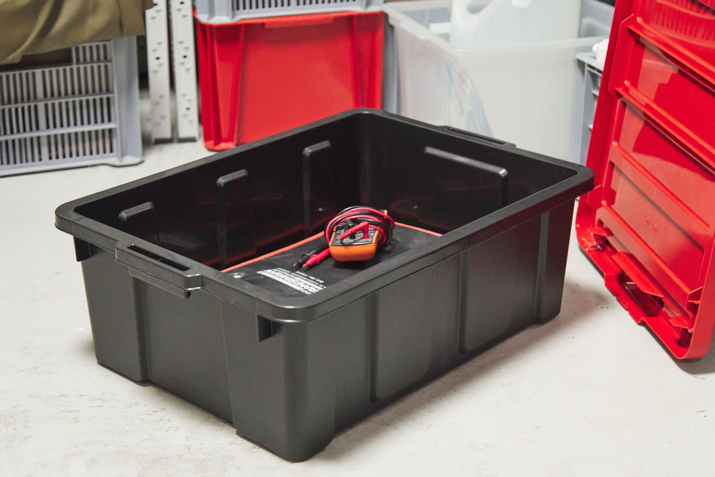 Iris Ohyama, 100L Plastic Storage Box with Heavy Duty Lid, Set of 2, Black, Stackable, Garage Shelves, Moving Moving Plastic Tool Box Storage Box UTB-27