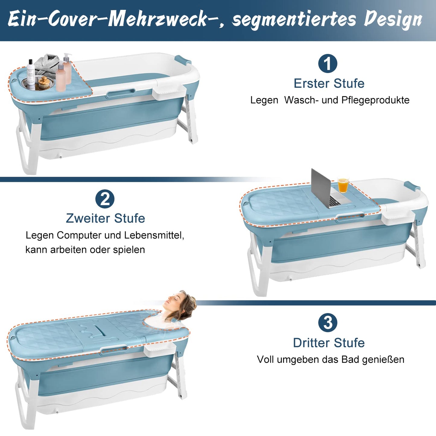 LARS360 Foldable Bathtub, Adult, Travel Bathtub, Folding Bathtub with Removable Cover, Soap Basket, Massage Rollers, Mobile Bathtub for Small Bathroom (118 x 62 x 53 cm)