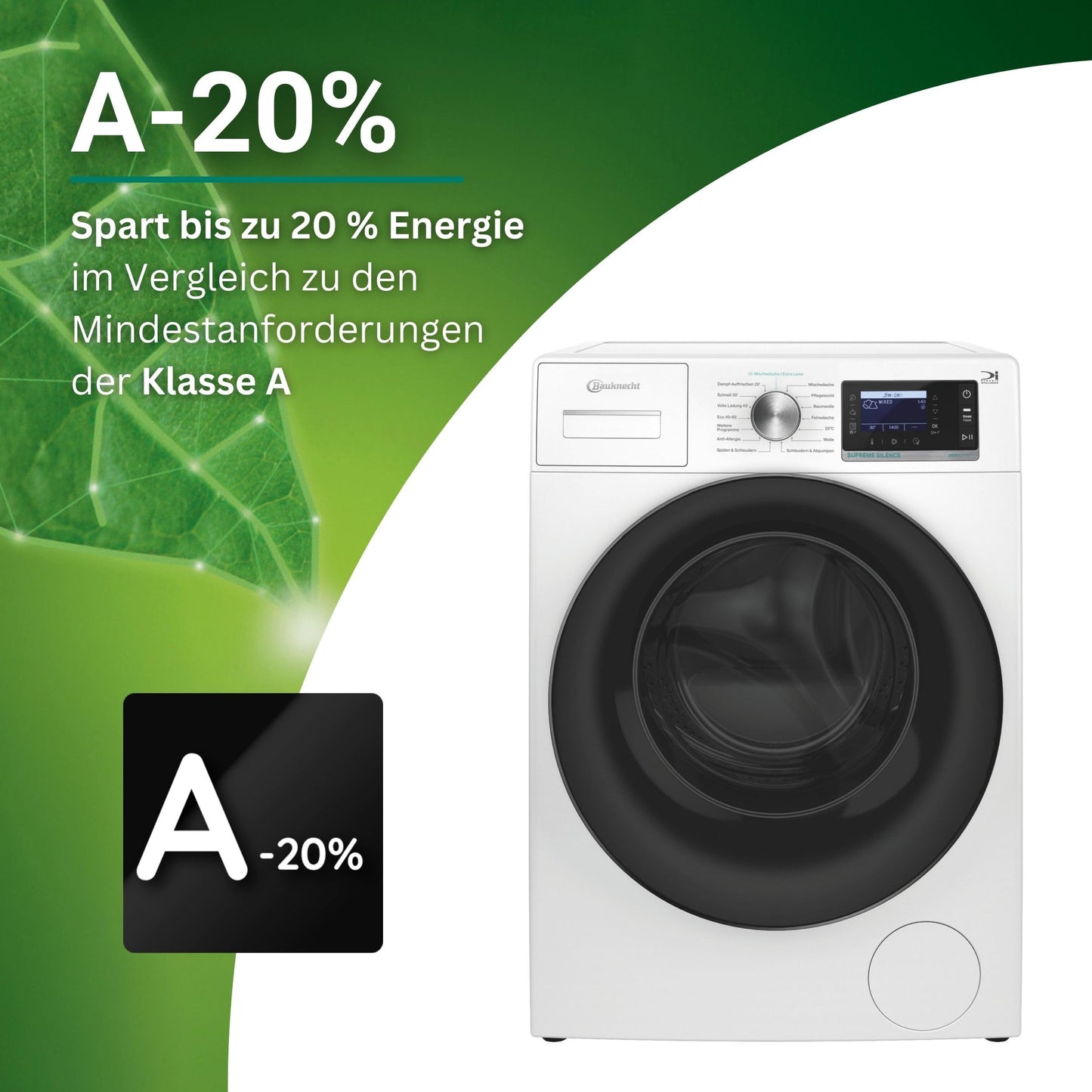 Bauknecht B6R 88 Silence DE Washing Machine, 8 kg, Front Loader, Supreme Silence, Energy Efficiency A-20%, 1400 rpm, ZEN Motor, Particularly Quiet Washing Machine, Steam 3.0-3, Powerful Steam