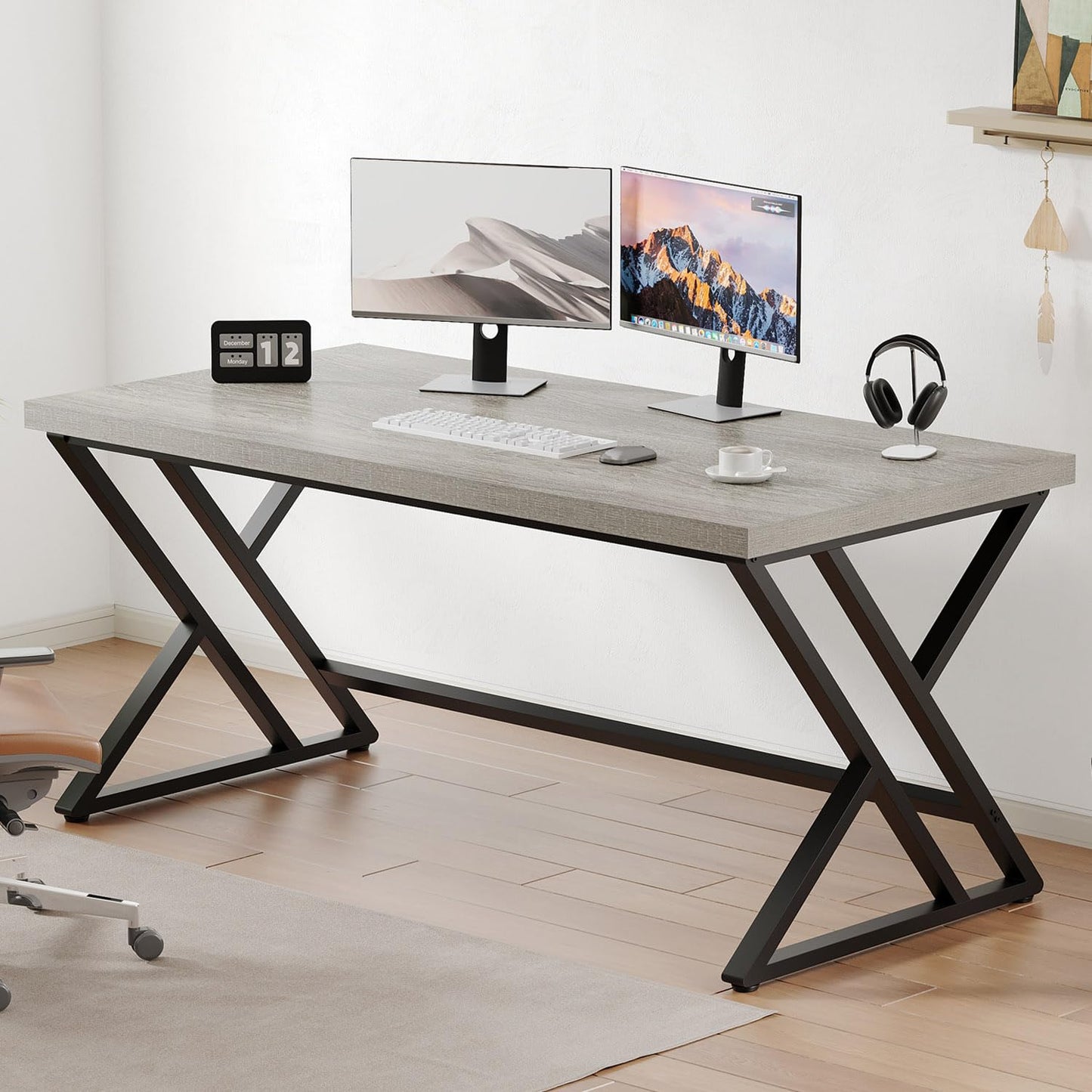 LVB Modern Computer Desk Industrial Home Office with Storage Space Metal Wood Desk Study Computer Desk for Bedroom Simple Gaming Desk Rustic Brown