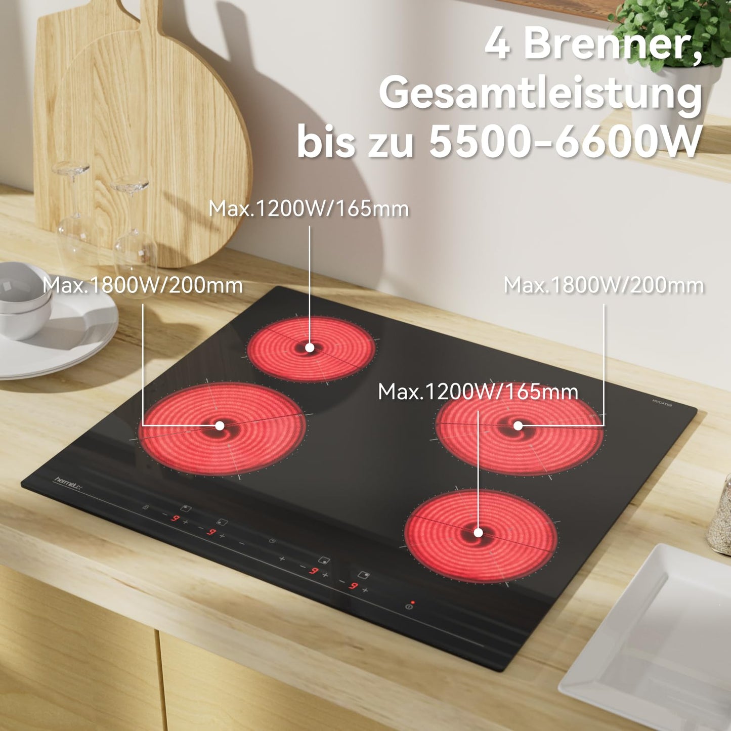 Hermitlux kochfeld 28,8cm, Glaskeramik Kochfeld 2 Platten, 9 Leistungsstufen, Touch-Steuerung, Timer, Kindersicherung, Geeignet für Alle Töpfe, 3300W