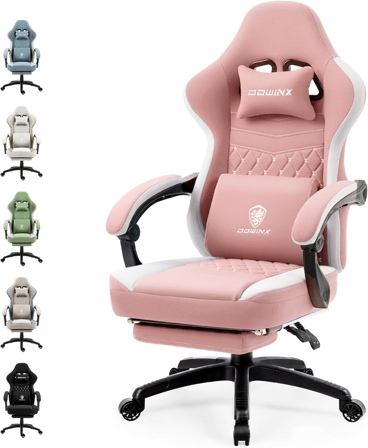 Dowinx Fabric Gaming Chair, Massage Gaming Chair with Footrest, Ergonomic PC Chair, Gamer Chair, Office Chair, 150 kg Load Capacity, Beige