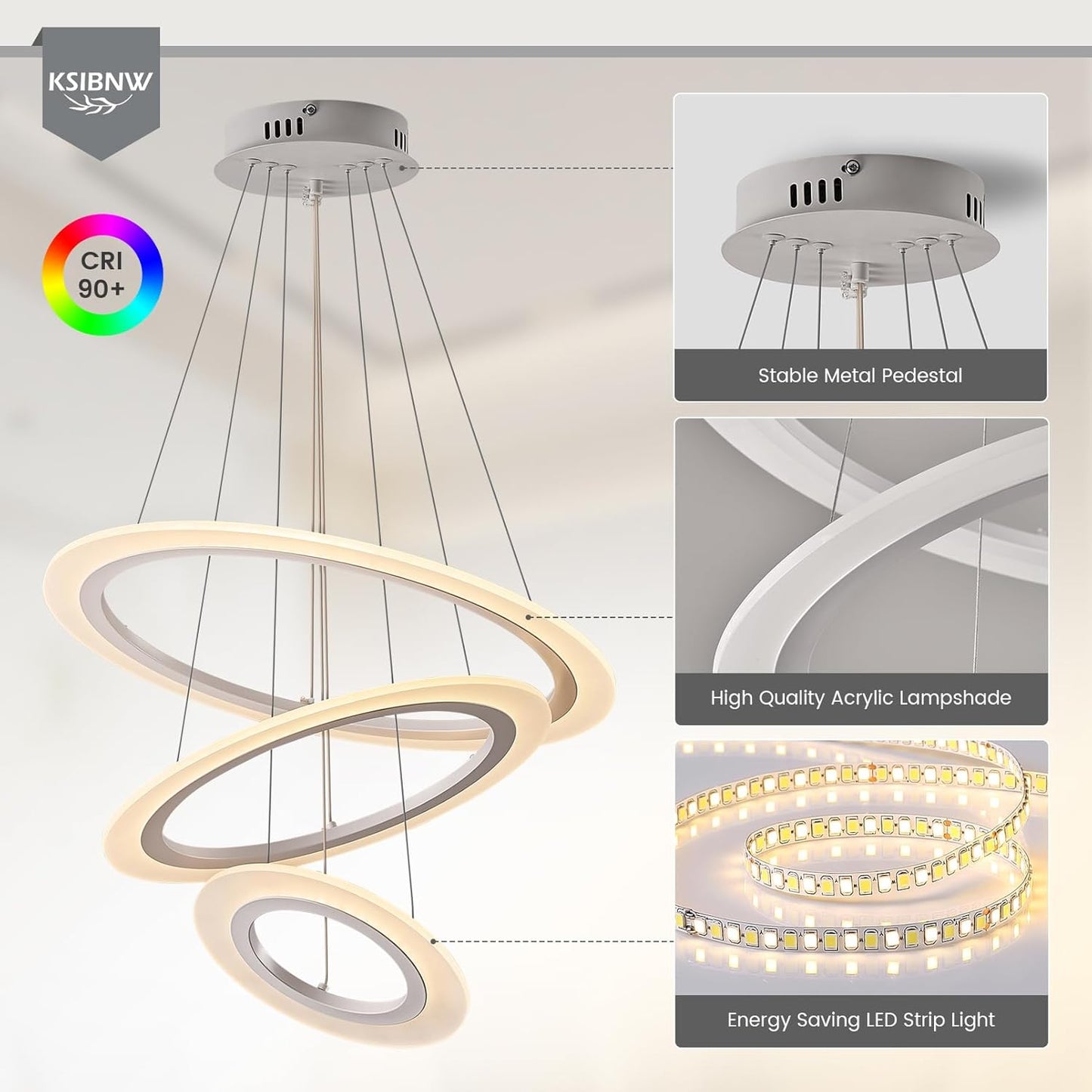 KSIBNW LED Hängelampe Esstisch 3 Ringe Pendelleuchte Dimmbar, Moderne Pendelleuchten Wohnzimmer mit Fernbedienung & APP Höhenverstellbar Acryl Aluminium Pendellampe Schlafzimmer 2700K-6500K, Weiß