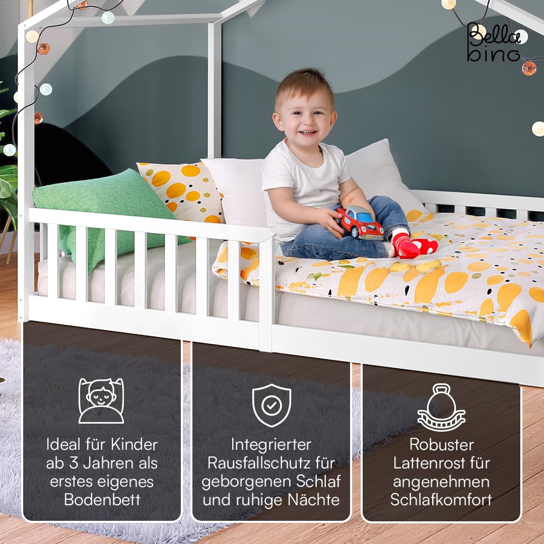 Bellabino Bia Children’s Bed, 90 x 200 cm, Children’s House Bed incl. Fall Protection and Rolled Slatted Frame, Montessori Floor Bed, White, Solid Pine Wood