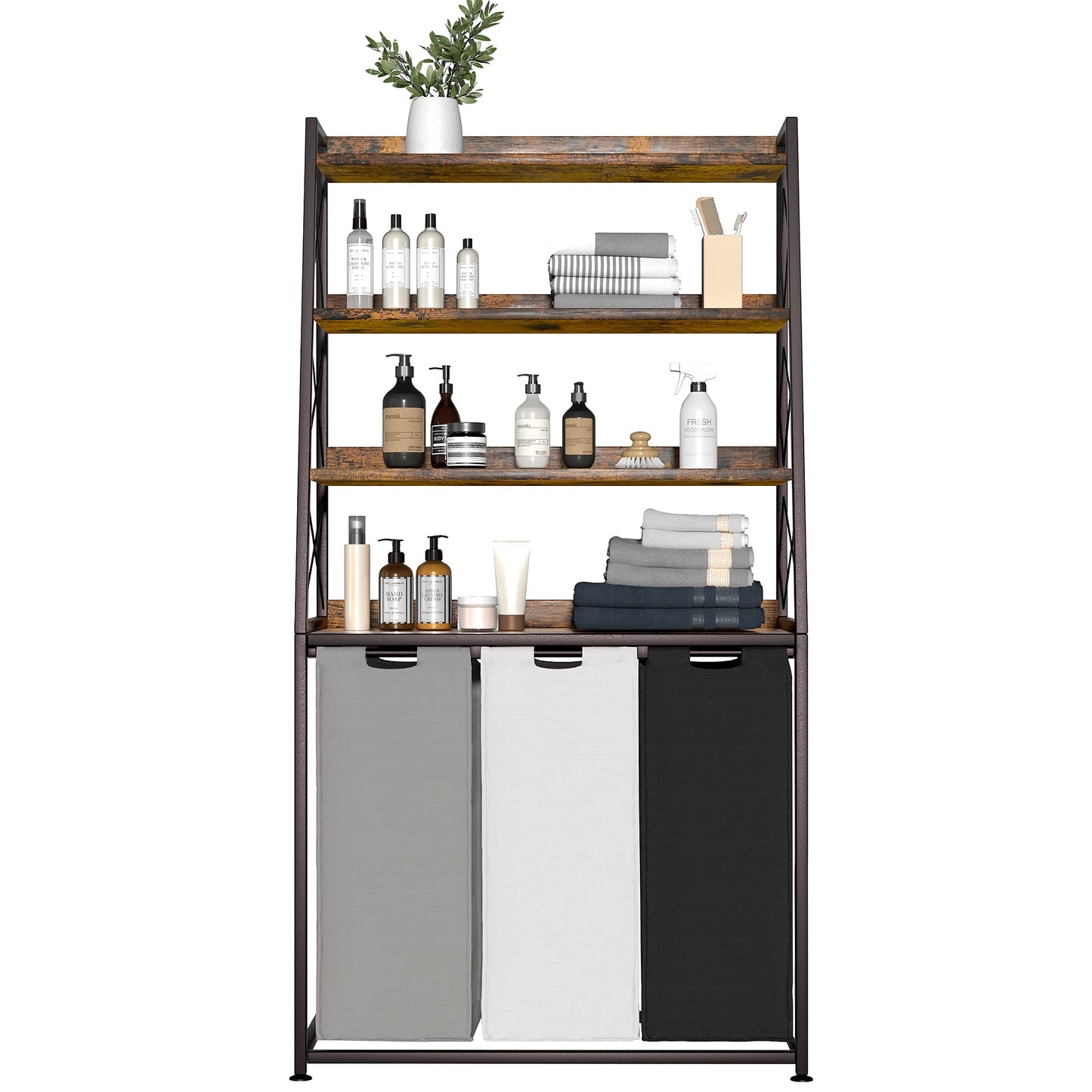 Herture Laundry Basket 3 Compartments Laundry Hamper with 4 Shelves Laundry Basket Removable Laundry Bags Large 3 x 60L for Laundry Room Bathroom Ink Black Vintage Brown PF05XLN