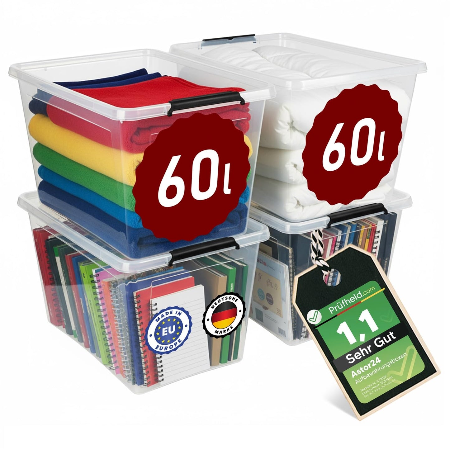 astor24 Storage Box with Lid - Transparent Organiser 40 L - Food Safe - Stackable. Ideal for Office, Children's Room, Clothes Boxes - Kitchen - Workshop