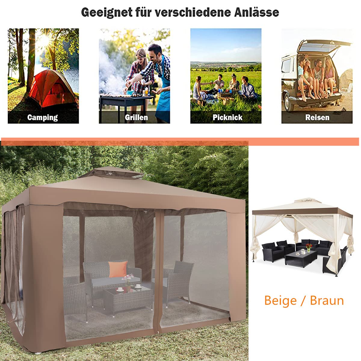 RELAX4LIFE 3 x 3 m Gazebo, Garden Gazebo with Iron Frame & Mosquito Net, Garden Tent with 4 Side Walls & Double Roof, Waterproof & Sunproof Party Tent for Party Camping (Brown)