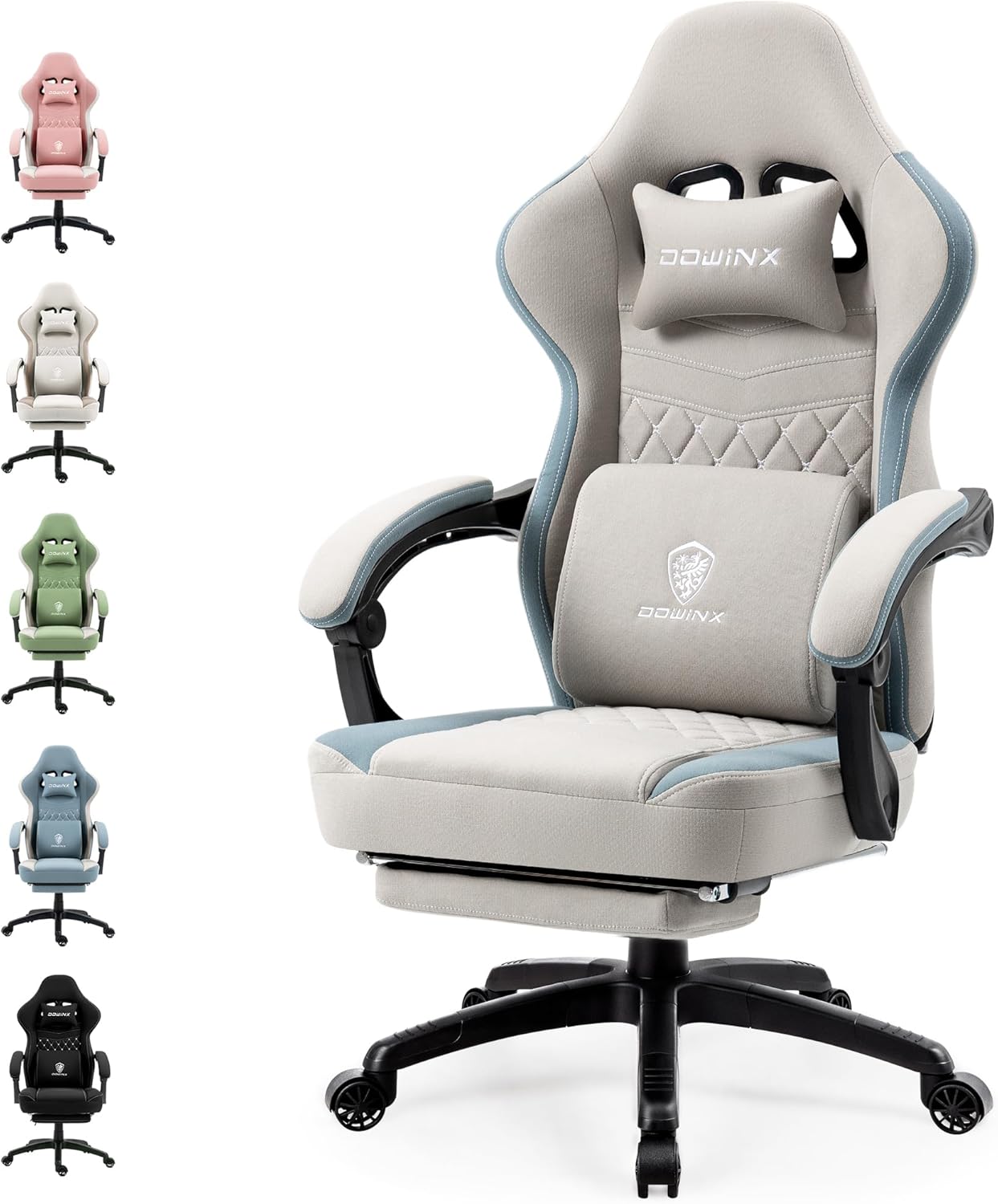 Dowinx Fabric Gaming Chair, Massage Gaming Chair with Footrest, Ergonomic PC Chair, Gamer Chair, Office Chair, 150 kg Load Capacity, Beige