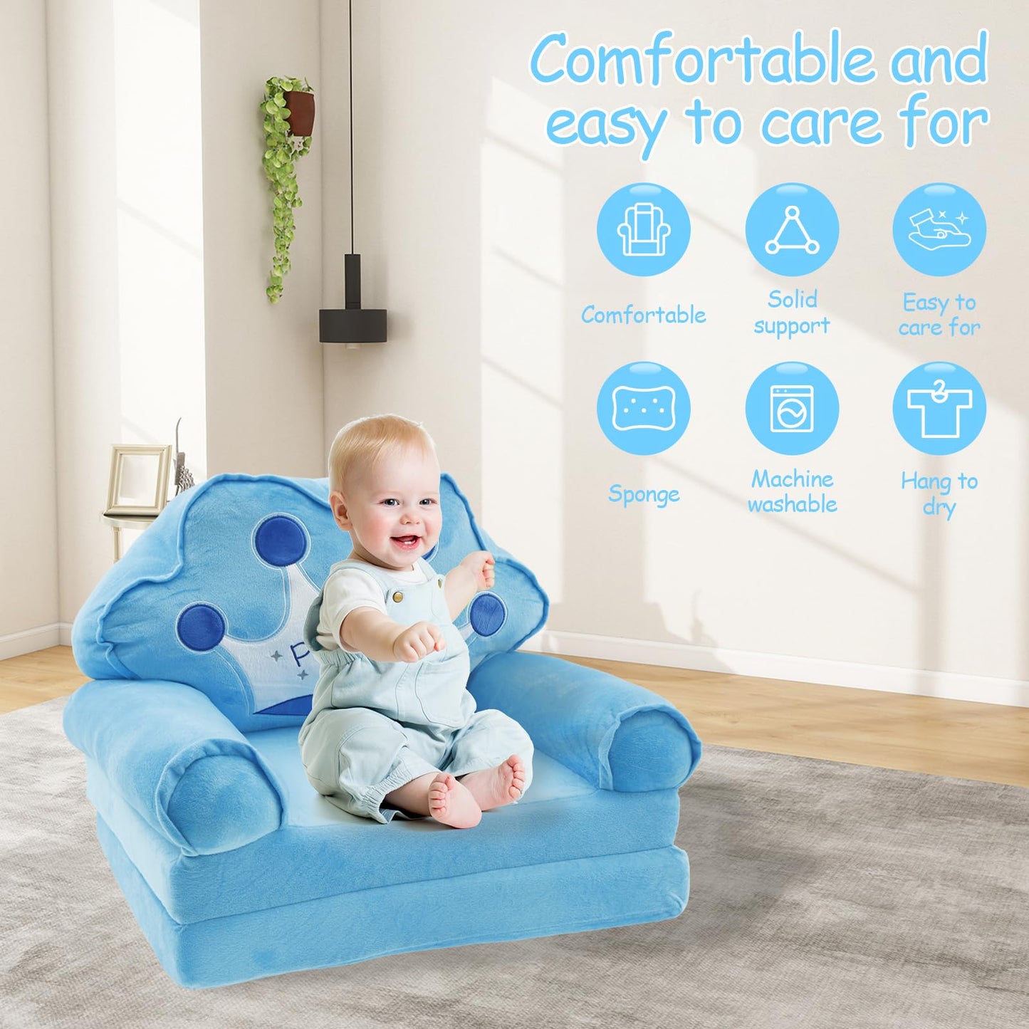 TNTGMG Children's Sofa, 2-in-1 Soft Toddler Chairs with Handle, 80 x 50 cm, Foldable Baby Lounge Chair, Convertible Play Sofa to Deck Chair for 1 to 4 Years Old Girls and Boys Playroom (Pink Crown)