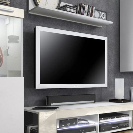 Vladon Wohnwand Movie, Anbauwand bestehend aus 1 TV-Board, 2 Vitrinen und 1 Regal, Weiß matt/Weiß matt/Weiß Hochglanz (Gesamt: 300 x 190 x 39 cm)