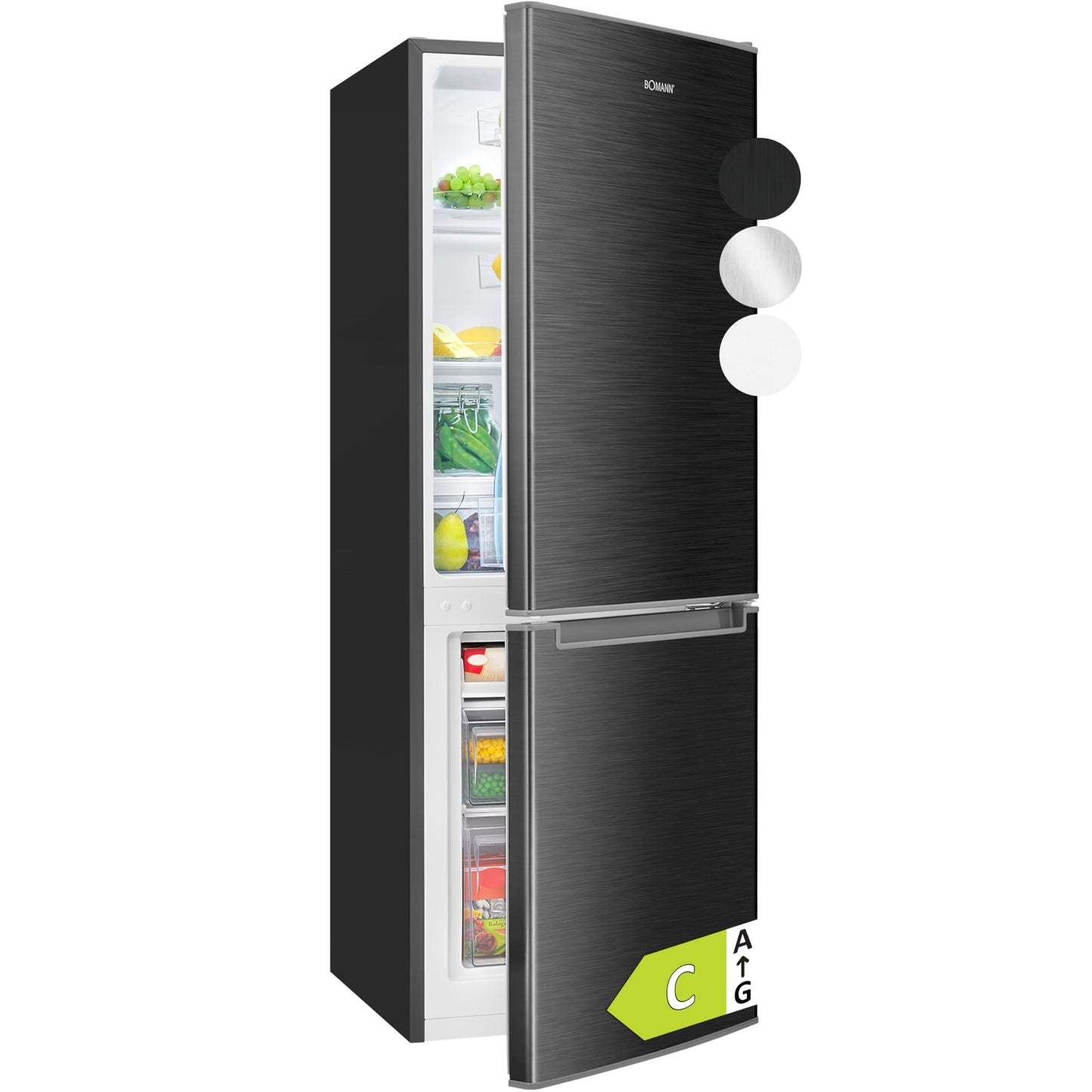 Bomann® Fridge with Freezer | Energy Class C | 143 cm | Cool Freezer Combination Quiet 40 dB | 3 Shelves & 2 Drawers | Door Hinge Interchangeable | 173 L Fridge Freezer Combination | KG 7359 Black