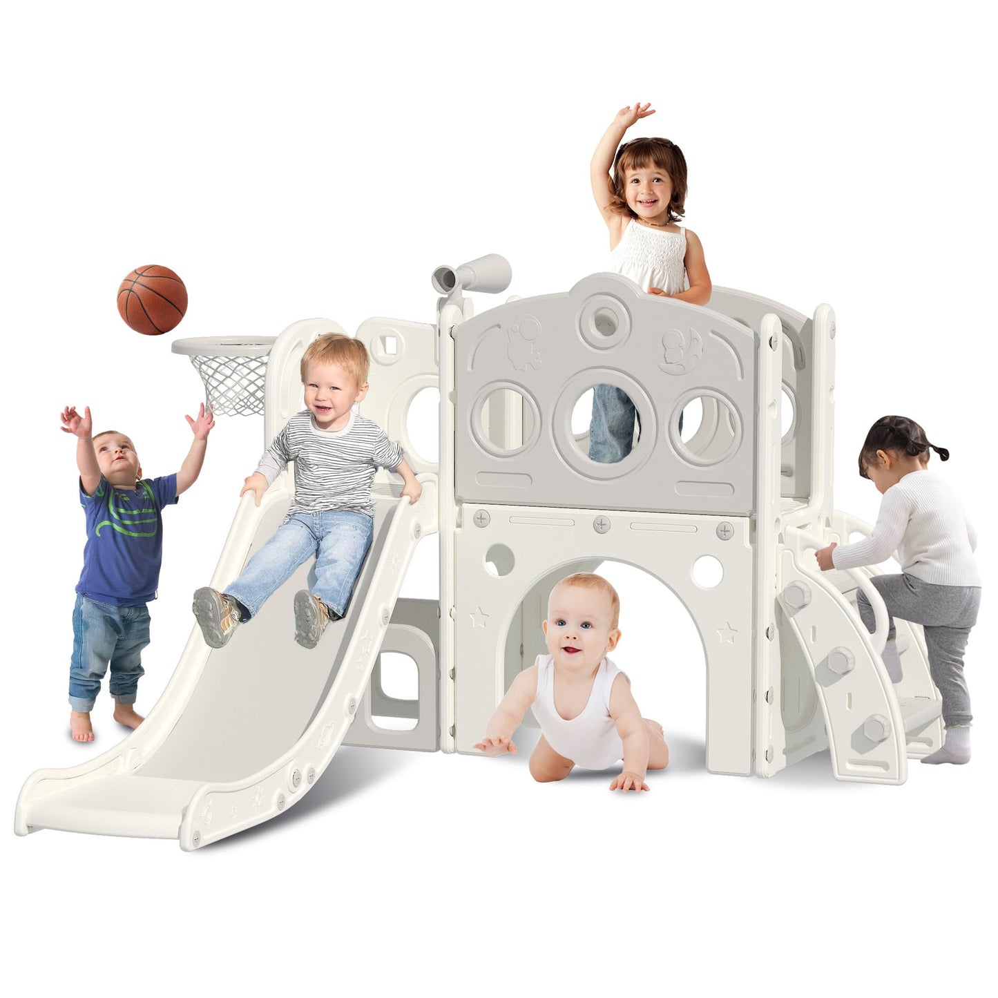 Hominewti 8-in-1 Kids Slide, Kids Playground with Basketball Hoop, Telescopic and Climbing Frame, Baby Slide for Toddlers, Playground for Indoor and Outdoor Use, Green