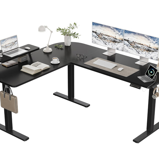 160 x 140 cm Corner Desk, Height Adjustable Desk, L Shape, L-shaped Desk, Height Adjustable, Single Motor, Shelf, Memory Control, 3 Legs, Black