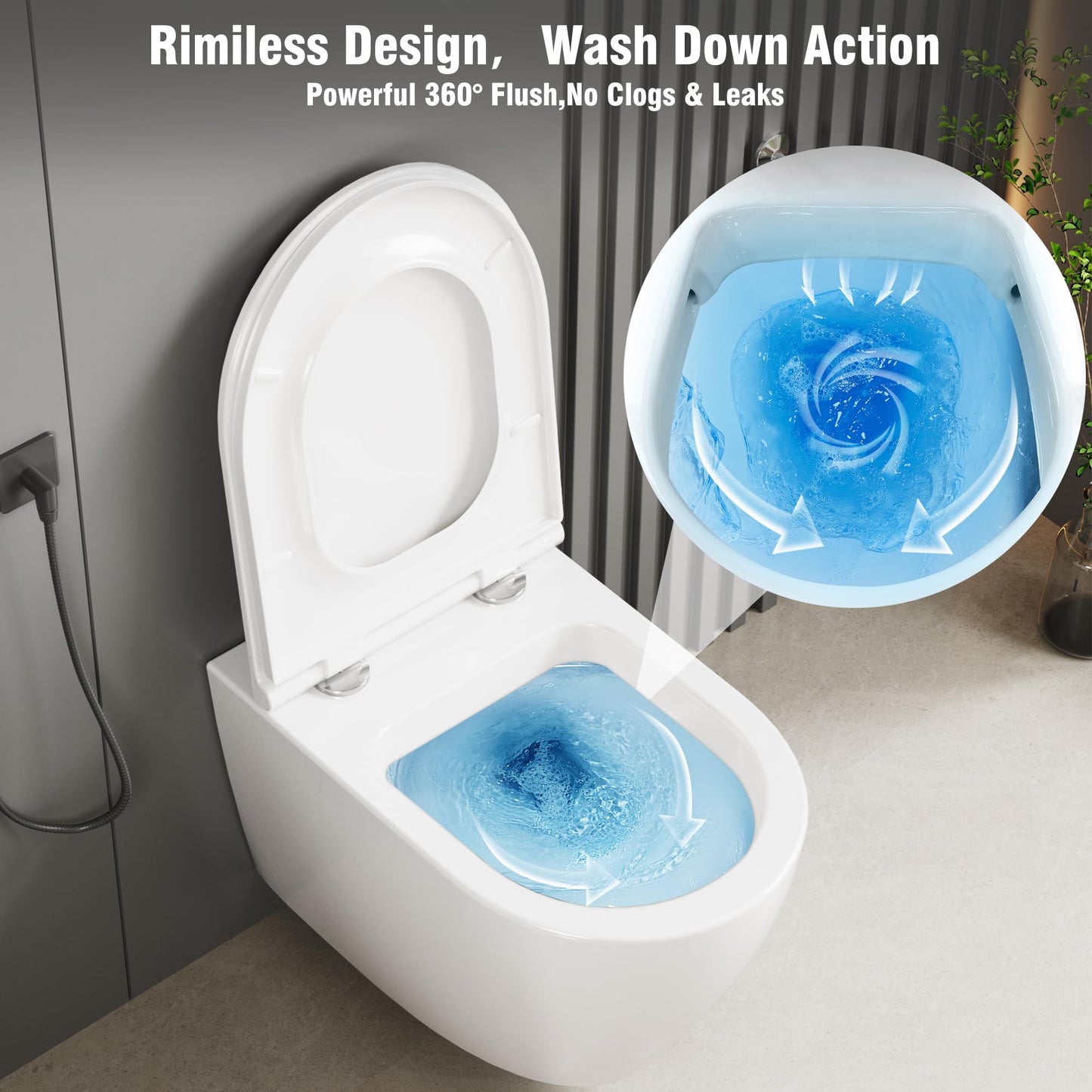 Hängend WC Spülrandlos Toilette, Wand-WC Set aus Keramik mit Toilettendeckel Abnehmbaren Absenkautomatik Effizienter Spültechnik Hängetoilette, D-Form,Lang 51cm, Weiß
