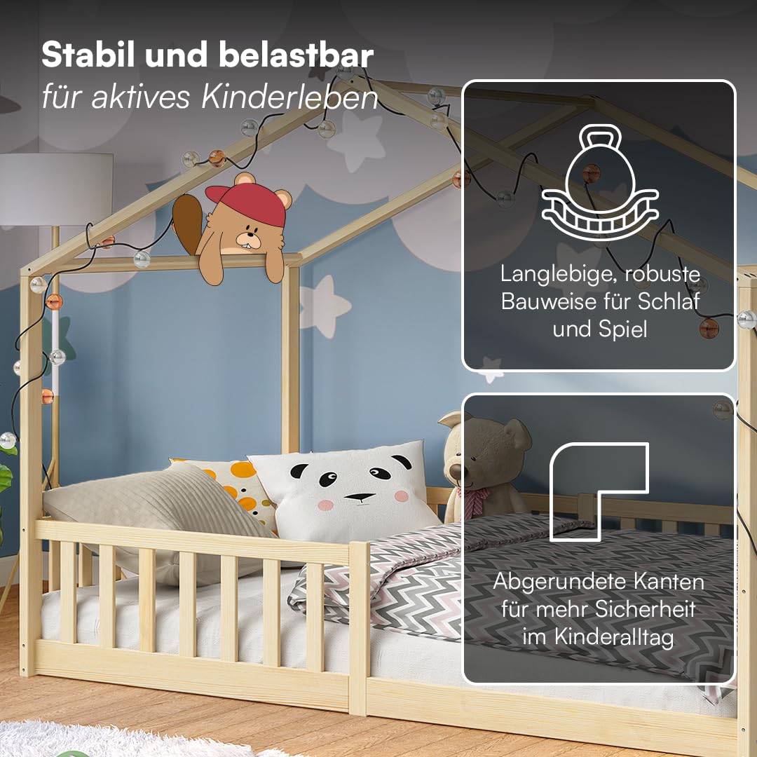 Bellabino Bia Children’s Bed, 90 x 200 cm, Children’s House Bed incl. Fall Protection and Rolled Slatted Frame, Montessori Floor Bed, White, Solid Pine Wood