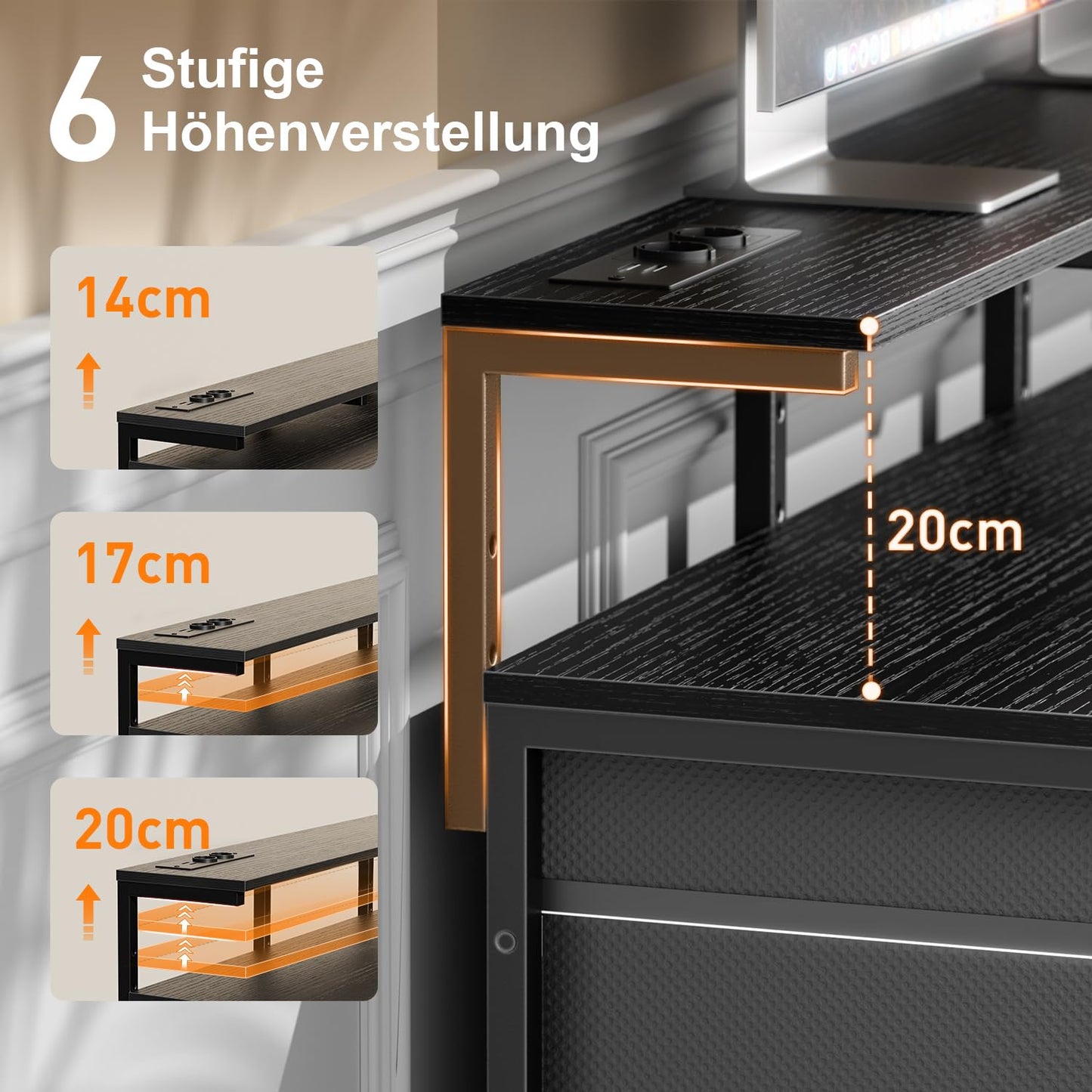 Schreibtisch mit 8 Schubladen, Computertisch mit 2 Steckdosen und 2 USB Ladeanschluss, Bürotisch mit LED und Monitorständer, PC Tisch für Büro, Wohnzimmer, 120 x 50 x 74 cm, Weiß