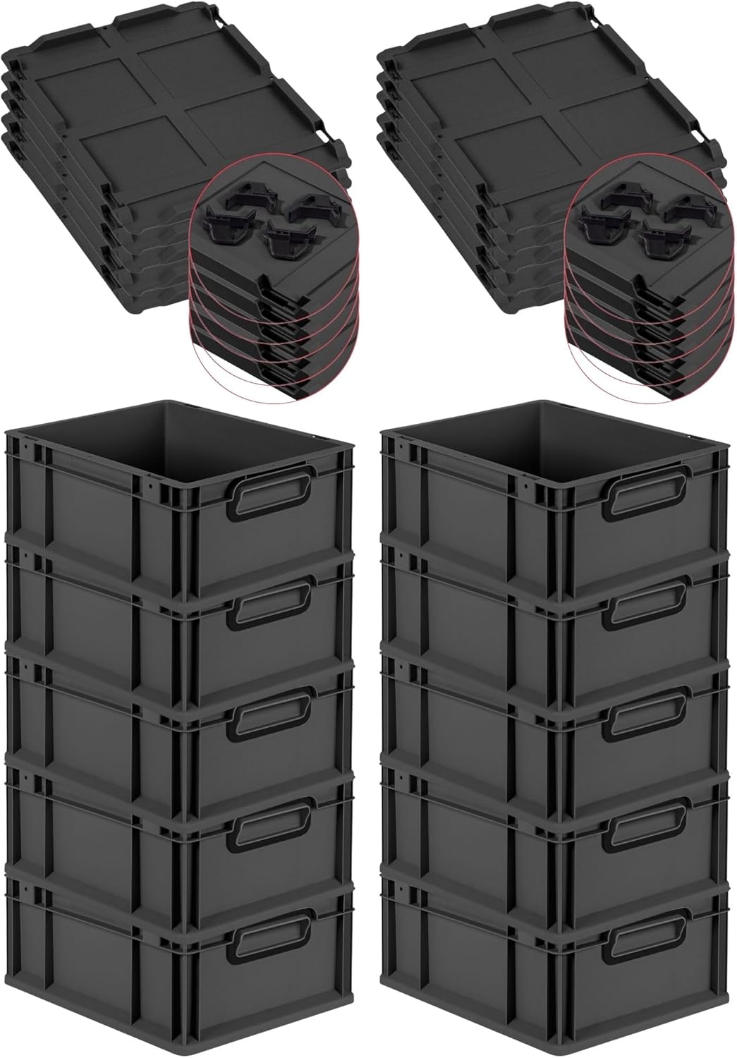 PROREGAL Economy Set of 5 Eurobox NextGen Colour with Lid and Sliding Snap Fasteners, H x W x D 22 x 30 x 40 cm, 20 L, Black, Closed Handles, Euro Container, Transport Box, Transport Container