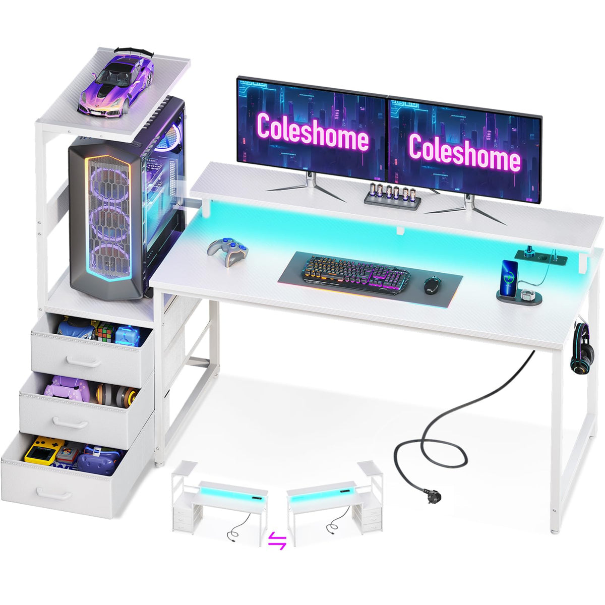 Coleshome Gaming Table with Drawers, 151 x 50 cm Gaming Desk with LED Lighting & Socket, Computer Desk with Shelves & Monitor Stand, Carbon Fibre Black