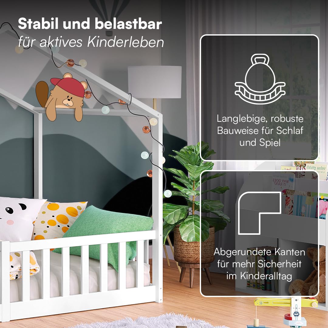 Bellabino Bia Children’s Bed, 90 x 200 cm, Children’s House Bed incl. Fall Protection and Rolled Slatted Frame, Montessori Floor Bed, White, Solid Pine Wood