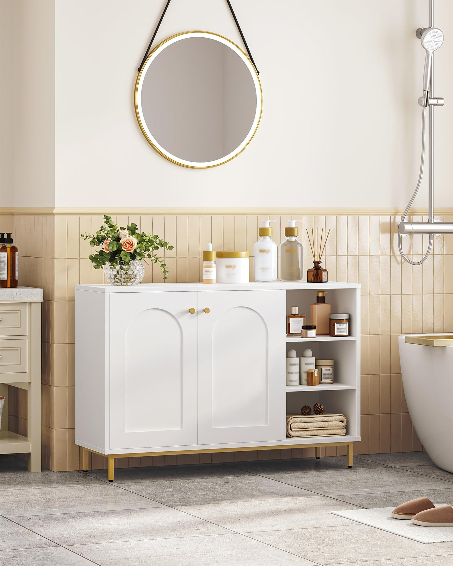 Hzuaneri SC10203G Bathroom Cabinet, Kitchen Cabinet with 2 Doors, Side Cabinet, Sideboard with Open Compartment, Chest of Drawers, Adjustable Shelf, Bathroom, 35 x 100 x 75 cm, White Gold