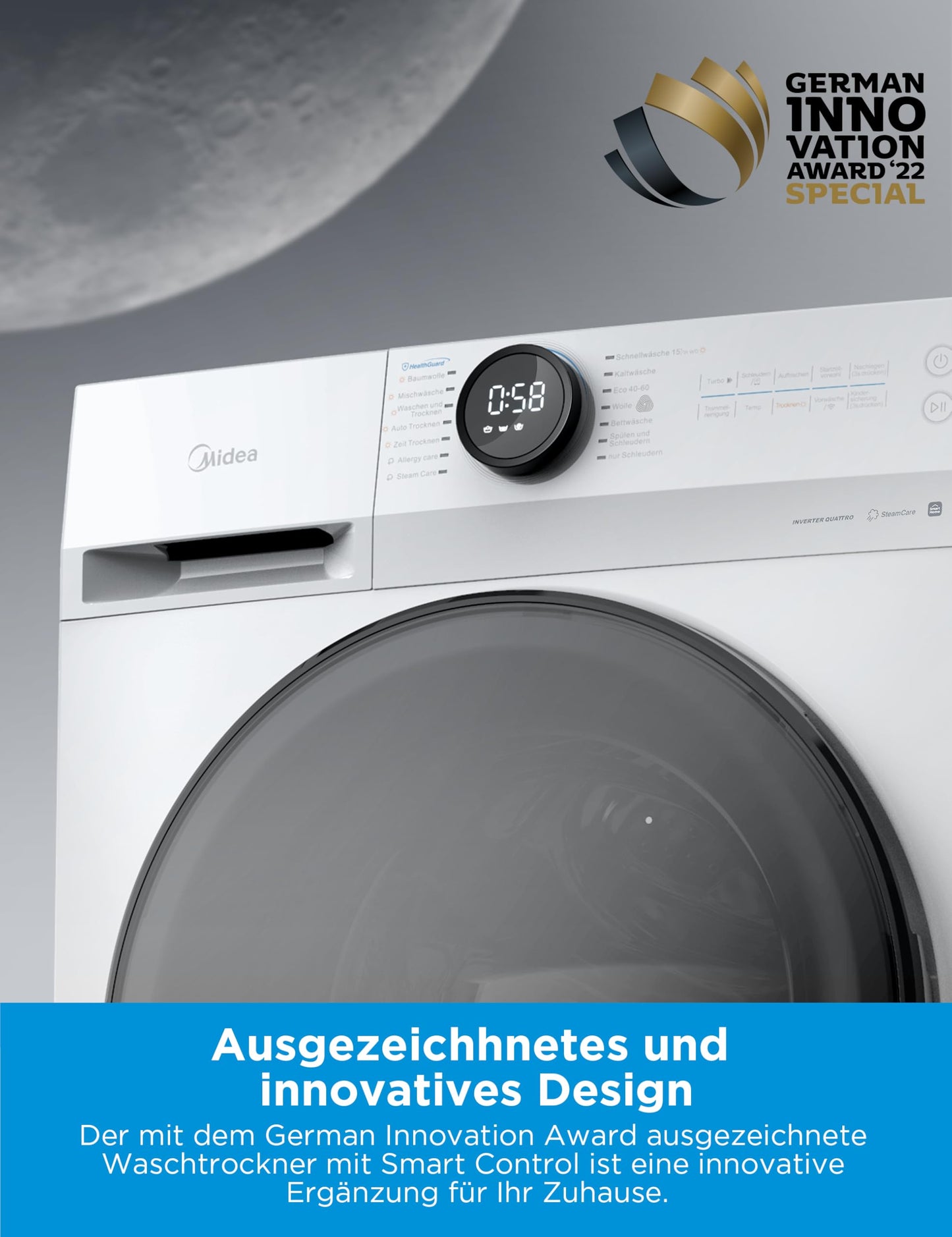 Midea MF200D86WB-14EAS Washer Dryer 8/6 kg Wash/Dry, Inverter Mortor, Refresh, 60 Min. Washing and Drying, Steam Care, Turbo Wash, 48 cm Deep, App Control, AquaStop