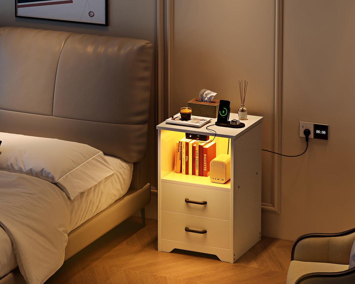 Coleshome Bedside Table with 2 Sockets and 2 USB, Bedside Tables with 10 Colours LED, Bedside Table White with 2 Wooden Drawers and Storage Space, 1 Pack