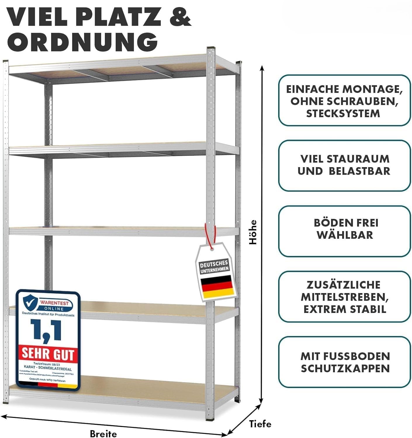 KARAT Heavy Duty Shelving – Plug-in Shelving Unit, Cellar Shelf, Storage Shelf, Workbench – Load Capacity up to 1500 kg – Quick Assembly and Stable (Galvanised, 180 x 90 x 45 cm)