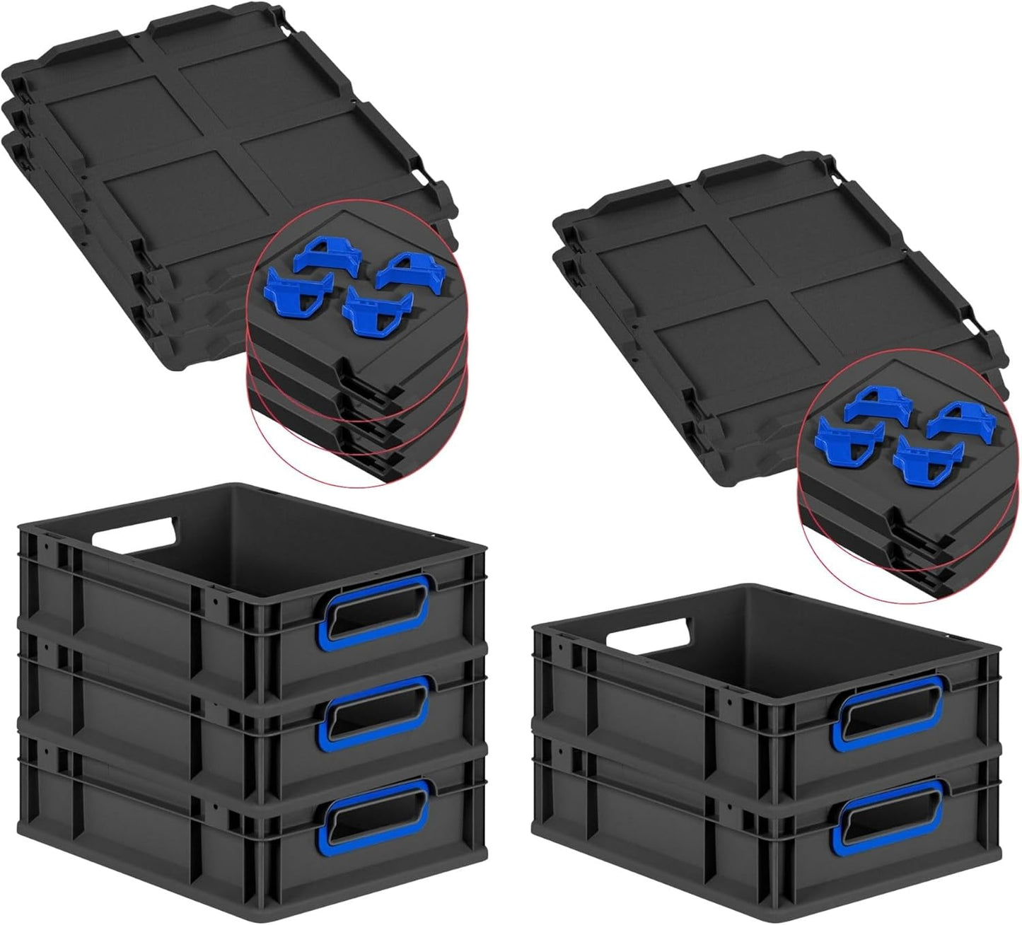 PROREGAL Economy Set of 5 Eurobox NextGen Colour with Lid and Sliding Snap Fasteners, H x W x D 22 x 30 x 40 cm, 20 L, Black, Closed Handles, Euro Container, Transport Box, Transport Container