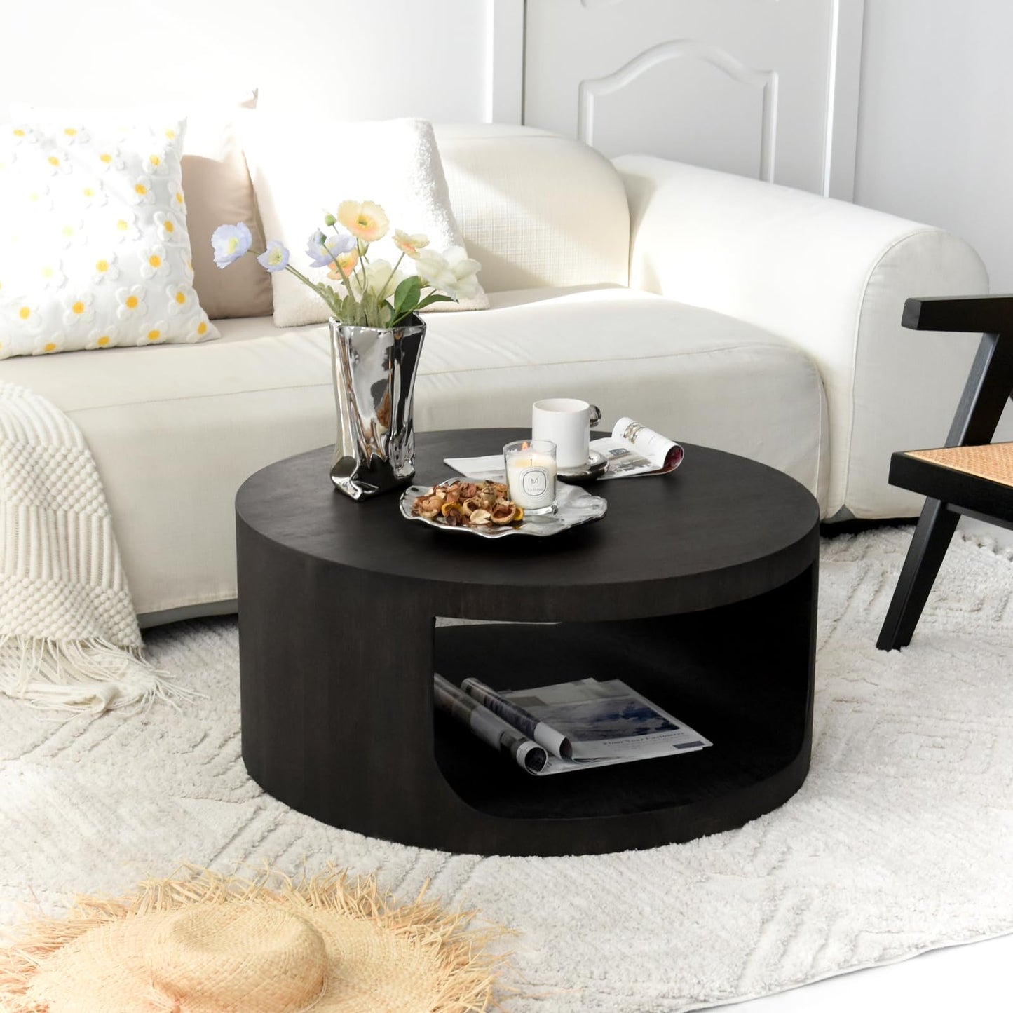 Round Wooden Coffee Table, Living Room Table with Large Storage Space, Coffee Table No Assembly Required, Modern Sofa Table for Living Room, Bedroom, Diameter 80 x 36 cm, Coffee Table (Black)