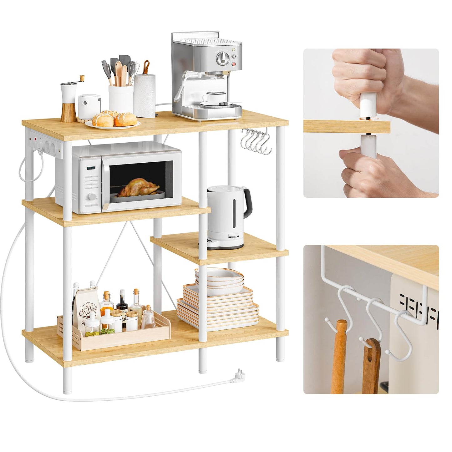 HOOBRO EBF07CHB01 Kitchen Shelf, Standing Shelf with Sockets, Baker's Rack with 5 S-Hooks, Microwave Shelf, 38 x 80 x 86 cm, Vintage Brown and Black