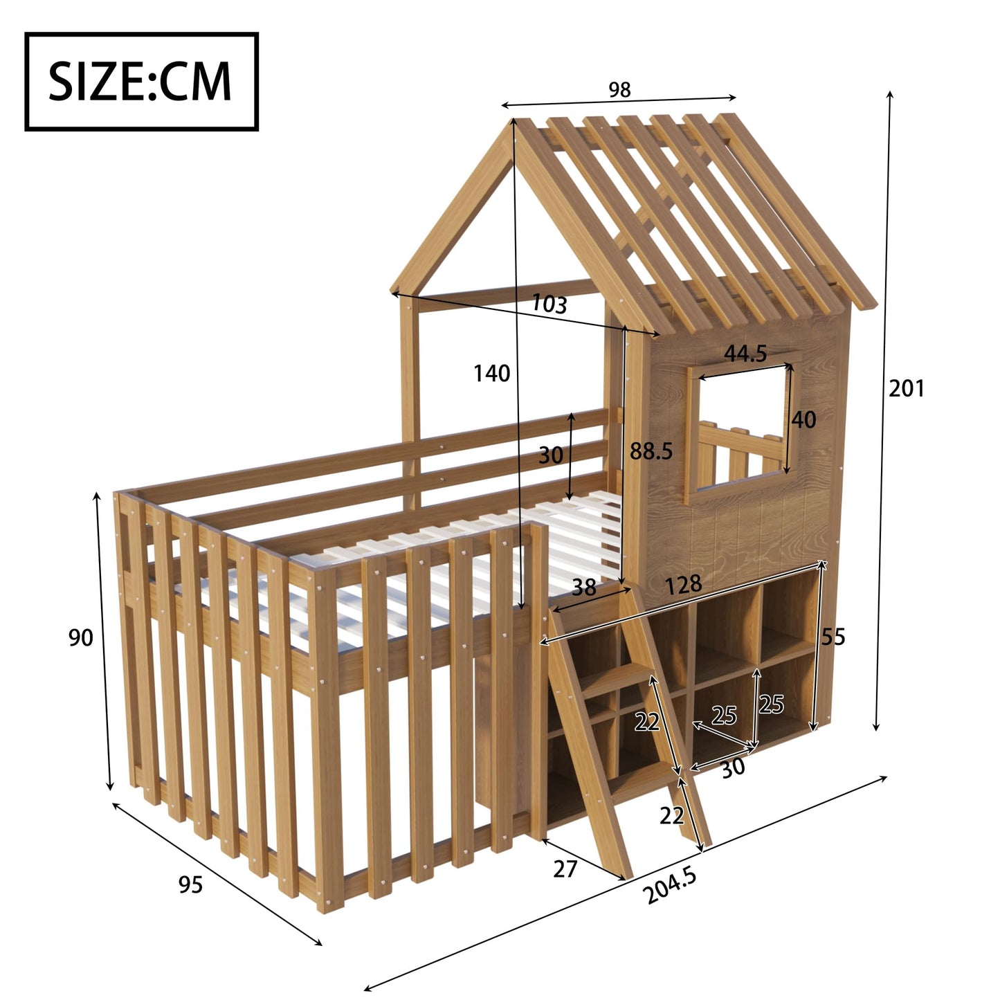 Children's Bed, House Bed 90 x 200 cm, Children's Bed Frame with Roof and Window, with Open Storage Space, with Climbing Ladder, Slatted Frame, Solid Wood Bed, Wooden Bed without Mattress (White)
