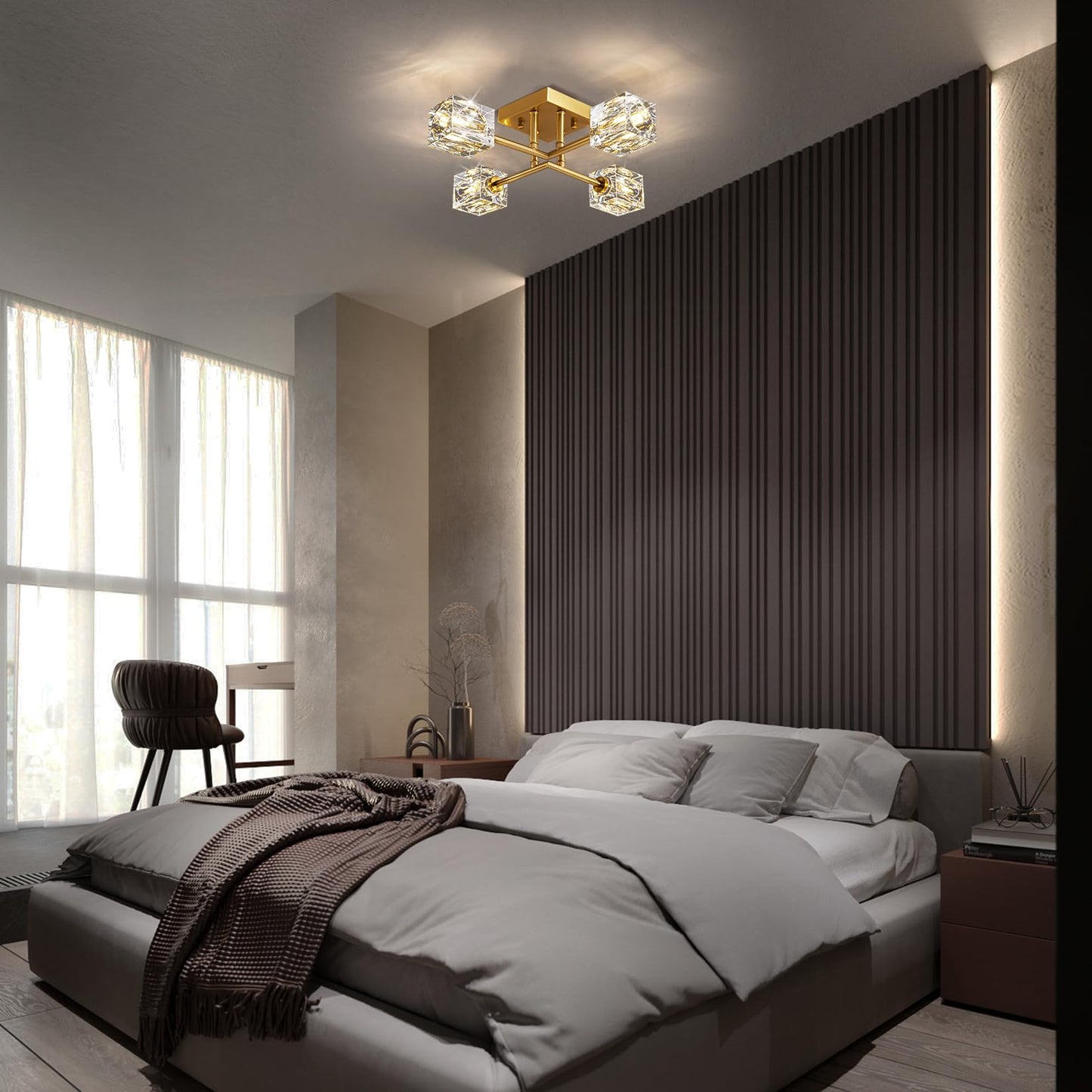 JUJUQI Moderne Kristall-Kronleuchter,Gold Hängeleuchte, K9 quadratischer Kristall Häengelampe mit 8 Lichtern,Würfel-Schirm, hängende Deckenleuchte für Esszimmer, Schlafzimmer, Wohnzimmer
