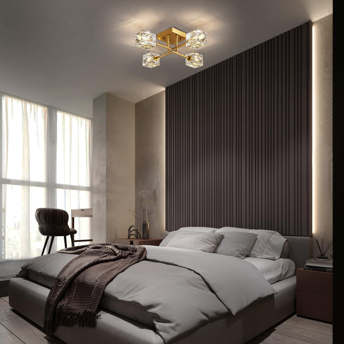 Modern Kistall Semi-Flush Ceiling Light Living Room, 8 Lights, Gold Crystal Chandelier, Semi-Flush Crystal Chandelier, Luxury Ceiling Light for Bedroom, Dining Room