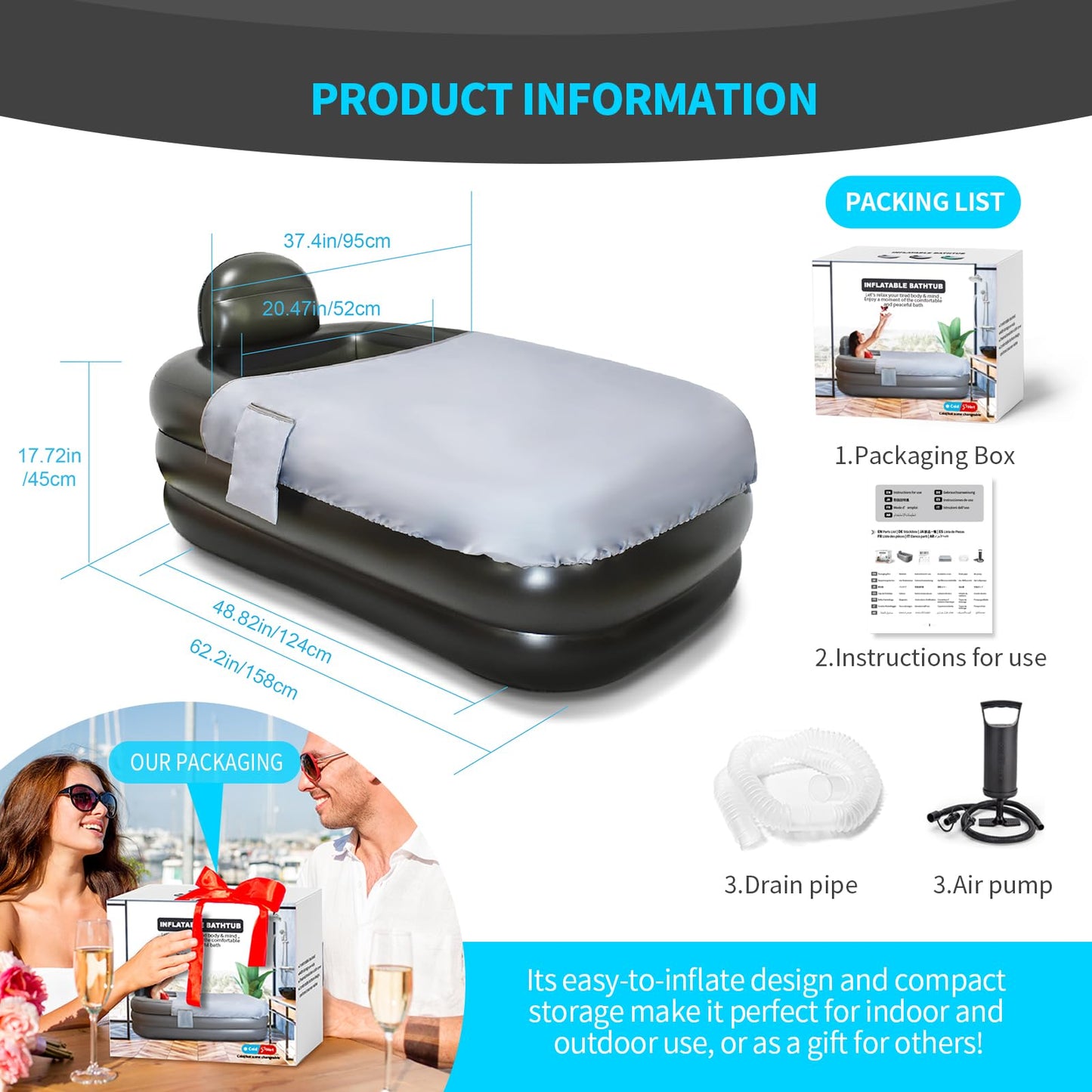 Nevife Inflatable Bathtub with Heat Protection Cover Cloth & Comfort Base, Foldable Adult Bathtub for Spa, Ice Baths, Camping - Includes Hand Pump, XL (158 x 95 x 45 cm)