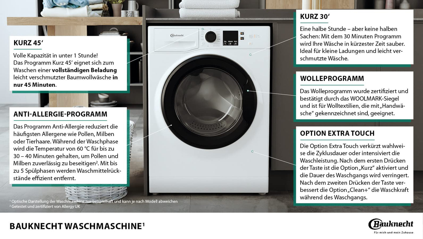 Bauknecht WM BB 814 A Washing Machine Front Loader / 8 kg / Energy Efficiency Class A / Short 30 / Short 45 / Powerful Stain Removal / Anti-Allergy Program / Wool Program / Black / Durable Inverter