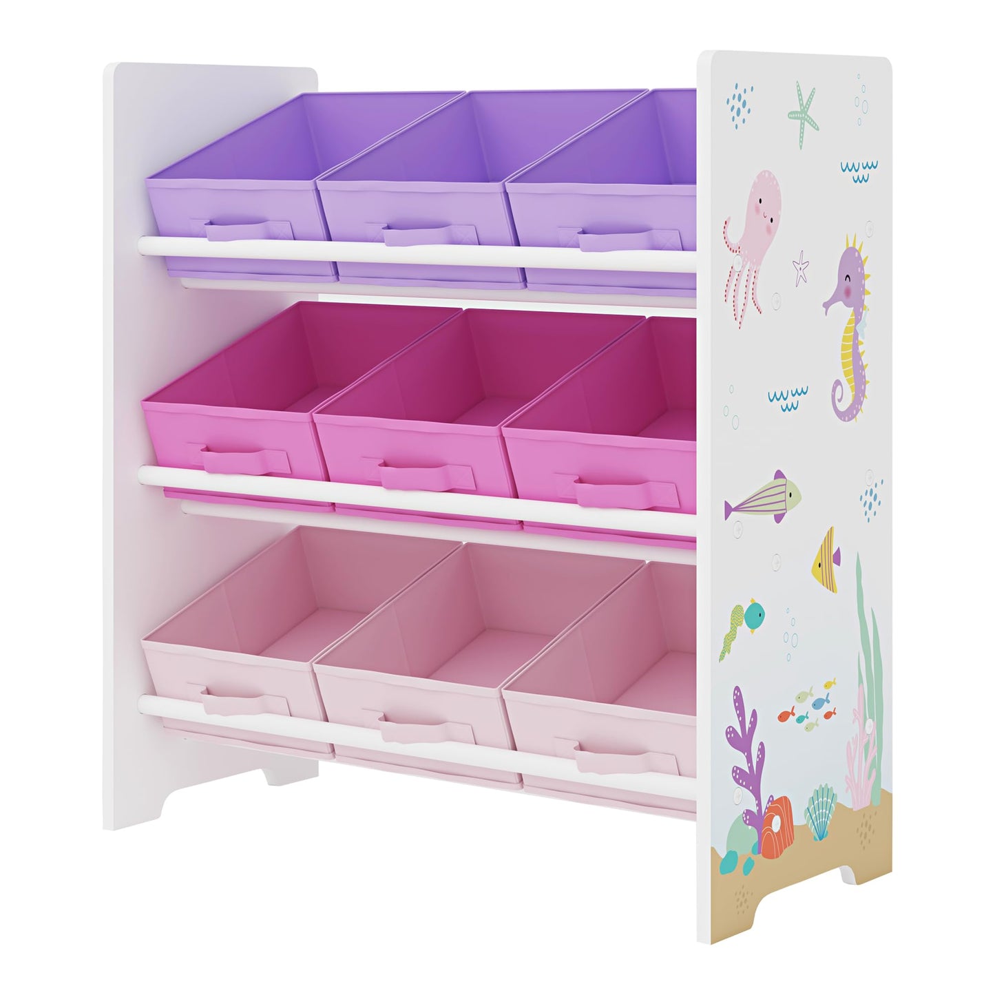 [en.casa] Boiro Children's Shelf, 60 x 62 x 30 cm, Standing with 9 Folding Boxes, Toy Storage Shelf, Ocean Motif