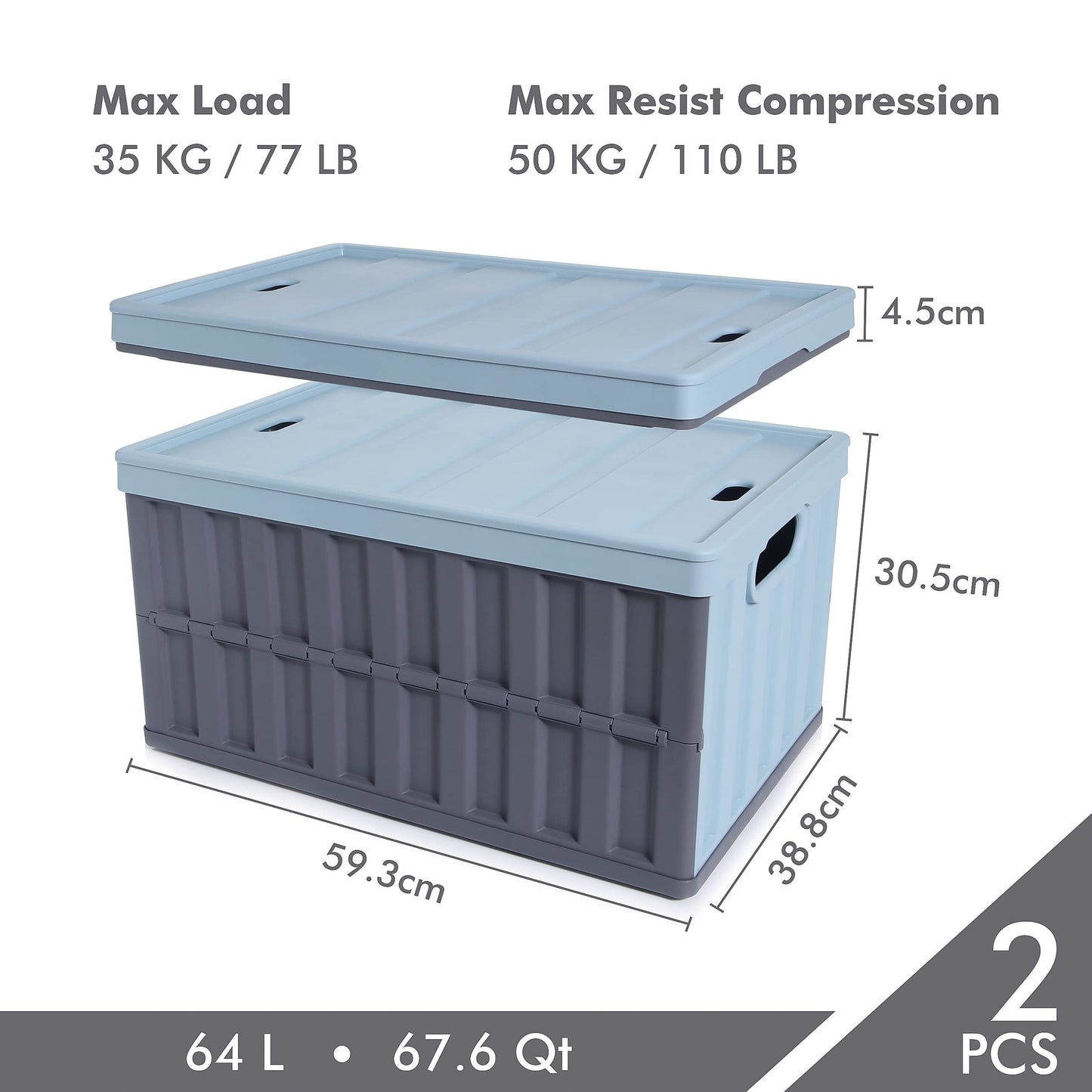 Citylife Set of 4 64 L Folding Box with Lid, Foldable Camping Box, Collapsible Storage Bins for Organising Large Heavy Outdoor, Bathroom, Kitchen, Office, Living Room (Grey)