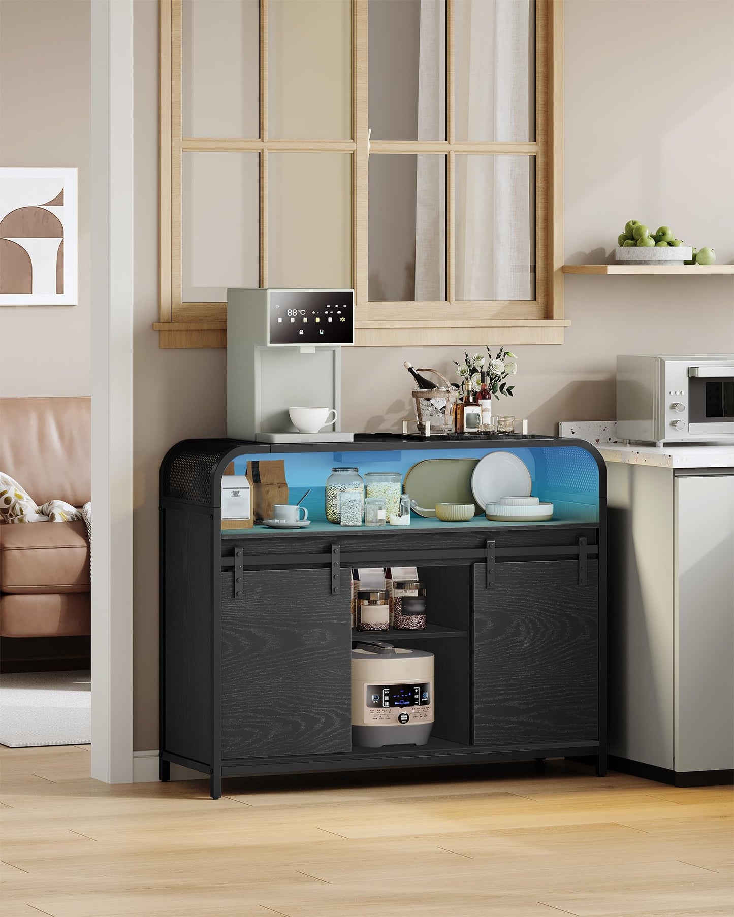 Hzuaneri SC00103WEU Kitchen Cabinet with LED Lighting, Sideboard with Power Strip, Storage Cabinet with 2 Sliding Doors, Adjustable Dividers, Kitchen, Dining Room, 35 x 100 x 80 cm, White