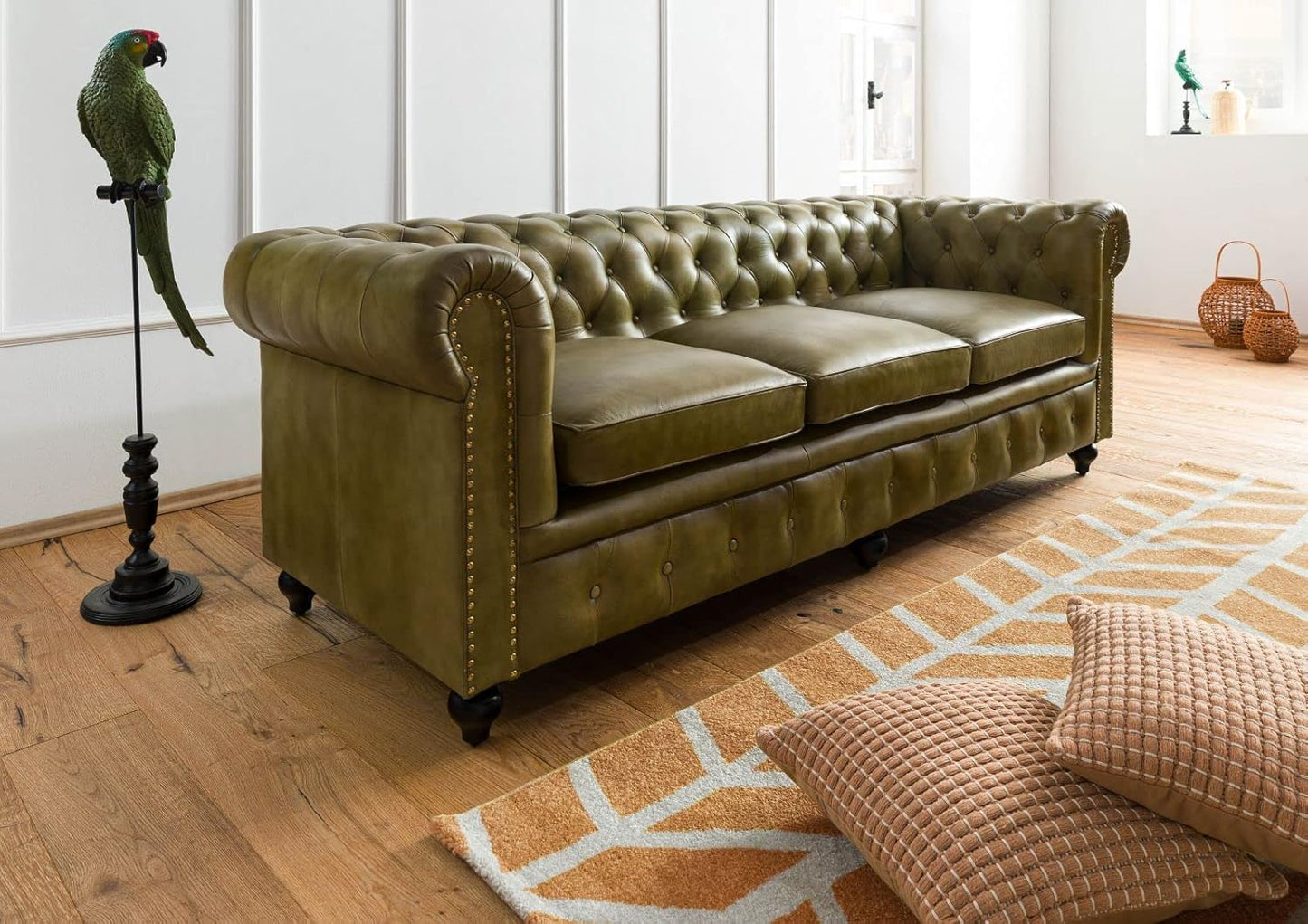 MASSIVMOEBEL24.DE Chesterfield #103 3-Seater Sofa Real Leather 218 x 82 x 76 cm Brown
